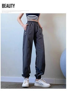 Detail view of dark grey high waisted joggers showing elastic waistband and zipper pockets