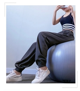 Detail view of dark grey high waisted joggers showing elastic cuffs and premium quick dry fabric
