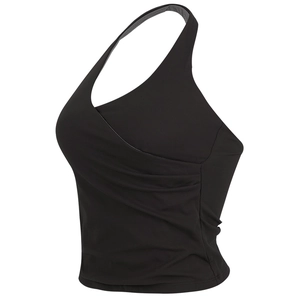 Gilet de yoga dos nu noir avec col en V croisé et détails froncés pour sport femme
