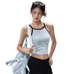 Light blue halter yoga tank top with black trim and matching shoulder bag set