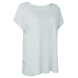 Light blue V-neck short sleeve yoga shirt with a loose fit and curved hem design