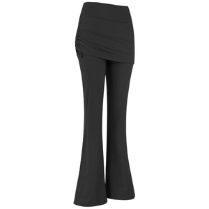 High-waisted black 2-in-1 yoga flare pants with skirt overlay and drawstring details