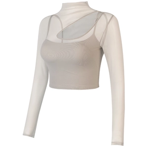 Damen Slim Fit Stehkragen Langarm Yoga Top Netzstoff Ausschnitt Lagenoptik Fitness Fitnessstudio Shirt Mit Brustpolster
