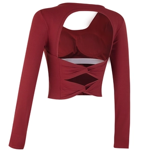 Women's Long Sleeve Yoga Top Backless Twist Knot Workout Crop Top With Chest Pads Slim Fit Moisture Wicking Sports Fitness Top