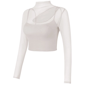 Eng anliegendes weißes Yoga Langarmshirt mit Netzschichten und Stehkragen für Damen