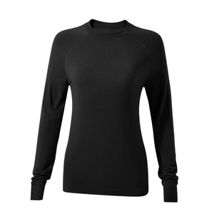 Women's slim fit black long sleeve sports top with crew neck and raglan sleeves