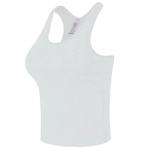 Detailed view of white sports tank top neckline with size M printed care label