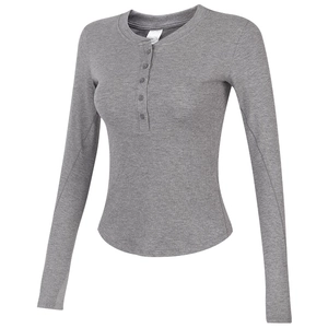 T-Shirt Henley à Manches Longues pour Femmes Côtelé Coupe Ajustée Col à Boutons Sport Course Yoga Top Fitness Respirant