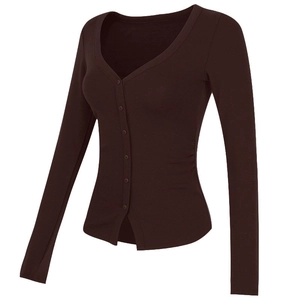 Women's Casual V-Neck Button Front Slim Fit Ribbed Knit Cardigan Long Sleeve Sporty Yoga Fitness Top Solid Color Basic Outwear