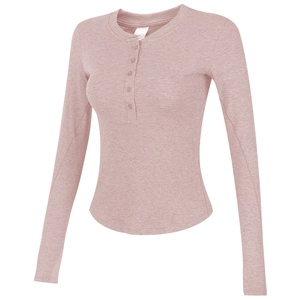 Haut de sport femme à manches longues henley en maille côtelée rose poudré coupe ajustée