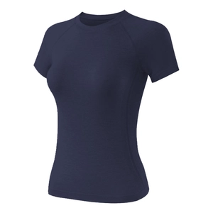Slim fit navy blue women's athletic yoga t-shirt with breathable mesh texture