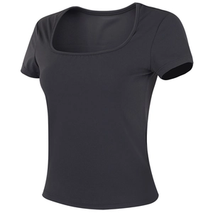 T-Shirt de Yoga Slim Fit pour Femmes Encolure Carrée Manches Courtes Haut de Sport Respirant pour Fitness Pilates Course