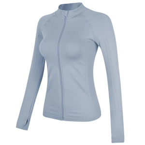 Veste de Pilates gris-bleu ajustée avec fermeture éclair, col montant et passe-pouce
