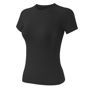 Women's slim fit black yoga t-shirt with breathable mesh fabric and raglan sleeves