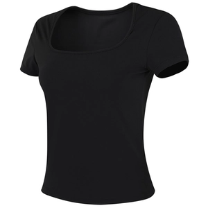 T-shirt de pilates noir à col carré pour femmes en tissu de yoga extensible et cintré