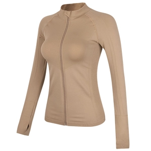 Veste de Sport Ajustée pour Femme Col Montant Zippé Haut de Yoga Manches Longues Avec Passe-pouce Fitness Musculation
