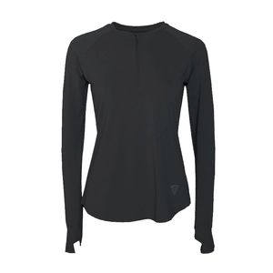 Women's quick-dry black running shirt with half-zip stand collar and thumbholes