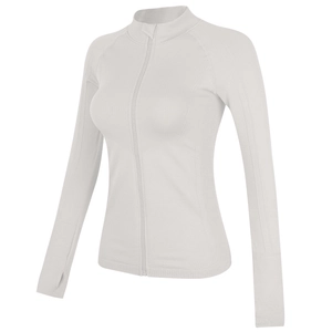 Veste de sport pilates blanche ajustée avec col montant et passe-pouces femme