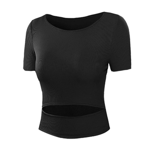 Enges schwarzes geripptes Crop-Top mit modischem Ausschnitt für Fitness und Yoga