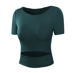 Dunkelgrünes Crop-Top Sport-T-Shirt mit Cut-out-Taille und gerippter Strickstruktur