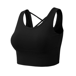Schwarzer Sport-BH mit Überkreuz-Rückenriemen und breitem Unterbrustband für Yoga und Laufen