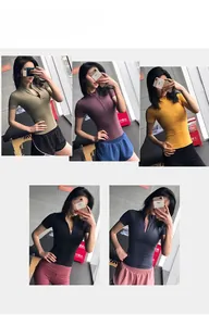 Multiple colors of women's slim-fit half-zip athletic t-shirts with breathable stretch fabric