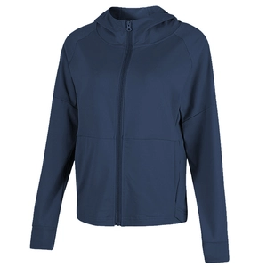 Dunkelblaue Sportjacke für Damen mit Kapuze, Reißverschluss und langen Ärmeln