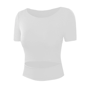 Eng anliegendes weißes Yoga-Kurzarm-T-Shirt mit Cut-Out-Design an der Taille
