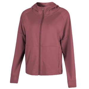 Damen Sportjacke mit Kapuze in Dunkelrosérot, Reißverschluss und Rippstrickbündchen am Ärmel