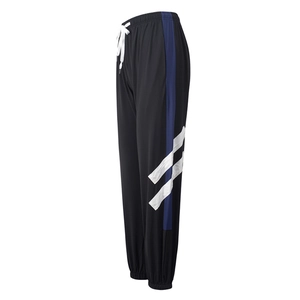 Slim fit black jogger pants with blue side stripes and white accents for yoga and sports