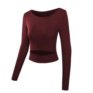 Tight long-sleeve burgundy cropped yoga top with stylish hollow-out design for fitness