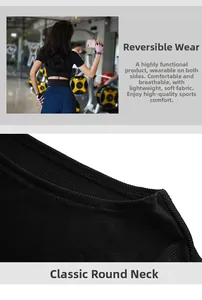 Detail eines schwarzen Sport-T-Shirts mit Rippenstruktur und beidseitigem Design