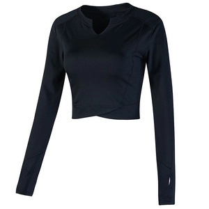 Damen Langarm Sport Crop Top Slim Fit Yoga Shirt V-Ausschnitt Fitness Top Mit Daumenlöchern Überkreuzter Saum Workout Sportbekleidung