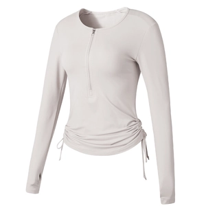 T-Shirt de Sport à Demi-Fermeture Éclair pour Femmes Séchage Rapide Coupe Ajustée Top Yoga Cordon de Serrage Latéral Passants Pouces Fitness Manches Longues