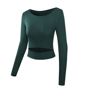 Women's Ribbed Long Sleeve Cutout Crop Top Slim Fit Athletic Yoga T-Shirt Quick Dry Running Workout Sports Top