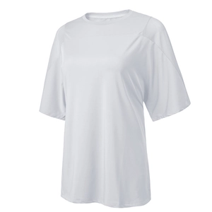 Macro detail of breathable white quick-dry fabric and crew neck mesh yoga shirt