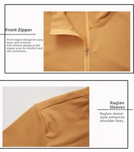 Detailed view of ginger yellow sports top with zipper chin guard and raglan sleeves