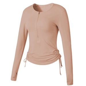 Haut de yoga à séchage rapide pour femmes avec demi-zip, cordons et passe-pouces rose