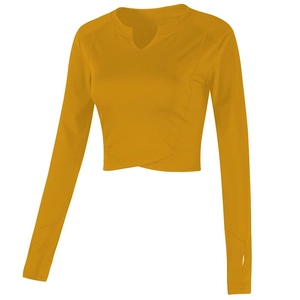 Eng anliegendes senfgelbes Langarm-Yoga-Crop-Top mit V-Ausschnitt und Daumenlöchern