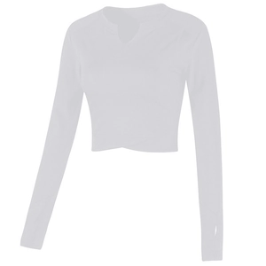 Weißes Langarm-Crop-Top mit V-Ausschnitt, Kreuzsaum und Daumenlöchern für Yoga-Fitness