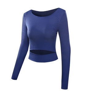 Slim fit navy blue long sleeve crop top yoga shirt with front cutout and ribbed texture