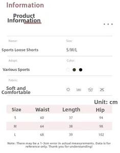 Size chart for 2-in-1 sports shorts showing waist and hip measurements in cm