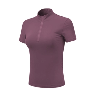 Slim fit women's quarter-zip sports t-shirt in mauve with stand collar and stretch fabric