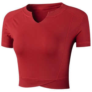 Haut Court de Yoga pour Femmes Ourlet Croisé Manches Courtes T-shirt de Sport Serré Respirant Fitness Entraînement Course