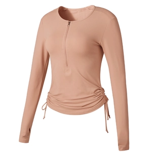 Haut de sport séchage rapide à demi-zip pour femme avec cordons de serrage en rose pêche