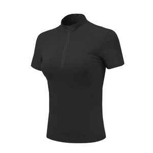 Women's slim-fit black sports t-shirt with stand collar, quarter zip, and quick-dry fabric