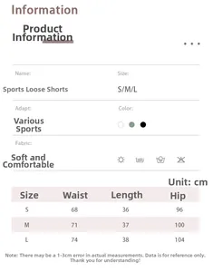 Tableau des tailles pour shorts de sport amples à taille haute femmes tailles S à L
