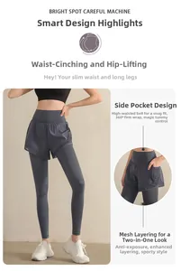 Détail du legging de sport taille haute avec design deux-en-un et poche latérale en mesh