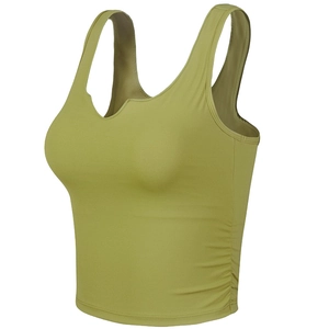 Women Ruched Side Sports Tank Top Notched V-Neck Padded Sleeveless Yoga Workout Crop Top Polyester Breathable Athletic Top