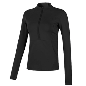 Slim fit black long sleeve sports shirt with half-zip and thumbhole cuffs